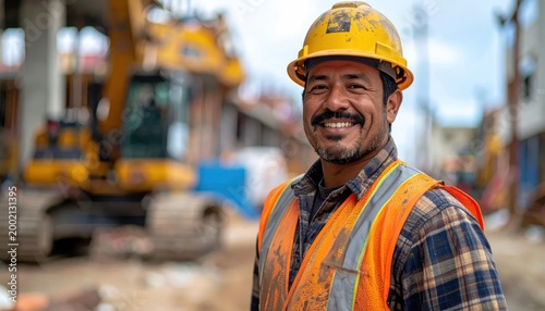 Smiling construction worker in hard hat and safety vest at a busy job site.