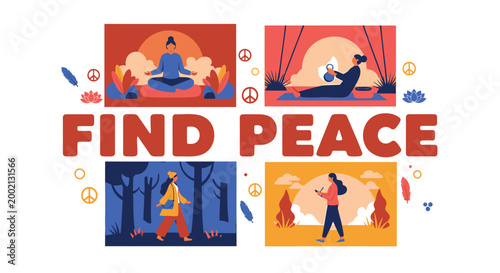 Mindfulness icons, meditation symbols, yoga graphics, peaceful illustrations, Find Peace