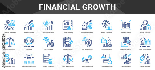 FINANCIAL GROWTH  Icon set collection. Vector icon pack featuring thematic icons for your presentations or business.
