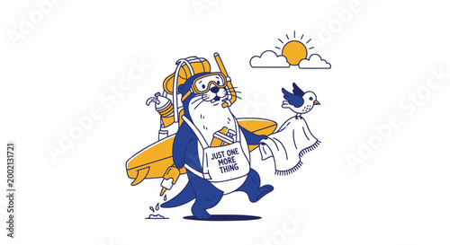 Cartoon penguin, vacation, travel, summer fun, illustration