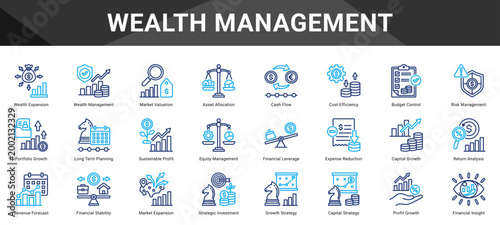 WEALTH MANAGEMENT  Icon set collection. Vector icon pack featuring thematic icons for your presentations or business.