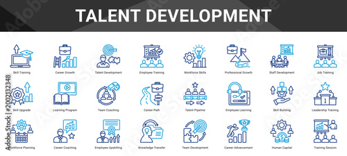 TALENT DEVELOPMENT  Icon set collection. Vector icon pack featuring thematic icons for your presentations or business.
