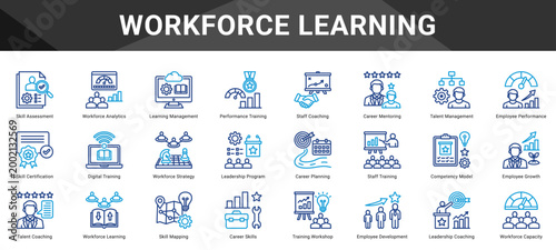 WORKFORCE LEARNING  Icon set collection. Vector icon pack featuring thematic icons for your presentations or business.