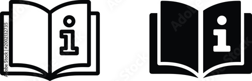Instruction manual book icon set with information symbol featuring open textbook pages in line and silhouette glyph styles