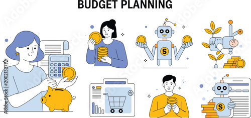 Budget planning vector set featuring people managing money with piggy bank calculator coins and AI robot for financial investment growth