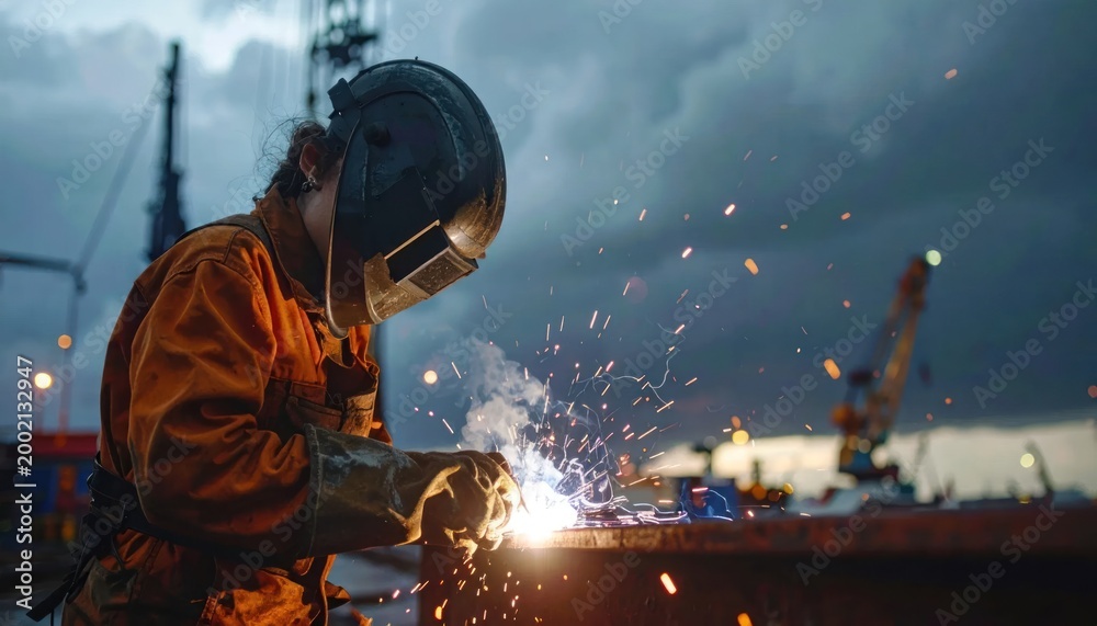 Fototapeta premium Skilled Welder in Protective Gear Sparks Flying During Industrial Work at Dusk.