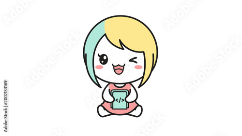 Kawaii girl programmer vector illustration, cute female developer mascot with coding tablet, chibi software engineer character for web design