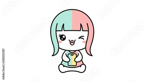Kawaii anime girl vector illustration, cute chibi character with pastel pink and mint hair, winking cartoon girl holding a smartphone