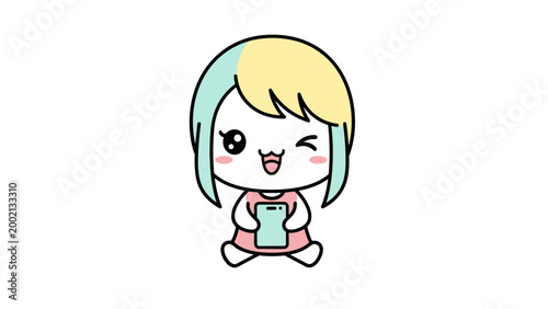 Kawaii chibi girl character holding smartphone, cute anime girl winking with pastel hair, adorable cartoon mascot vector illustration
