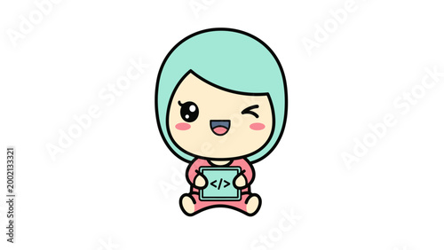 Kawaii girl programmer vector illustration, cute female developer holding tablet with coding symbol, chibi software engineer with mint hair