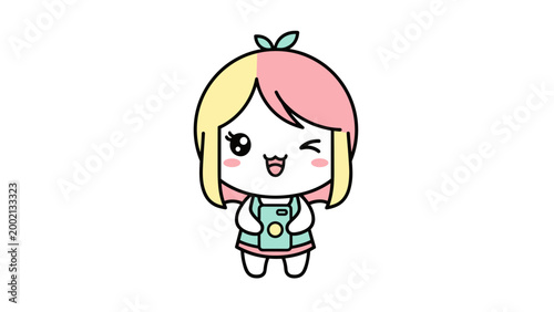 Kawaii chibi girl character vector, cute anime mascot with pink and yellow hair, happy winking cartoon girl holding a smartphone for social media