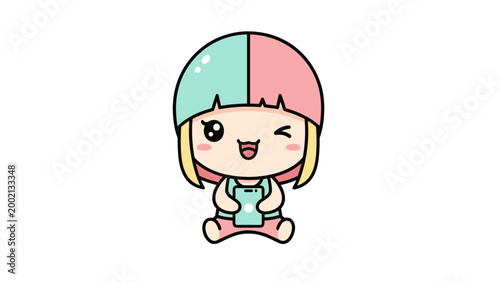 Kawaii anime girl character vector, cute chibi girl holding smartphone, pastel colored mascot with pink and mint hair, happy winking cartoon girl