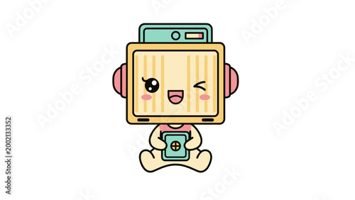 Kawaii retro robot character vector, cute vintage television mascot with winking face, pastel colored electronic toy illustration for gaming and tech