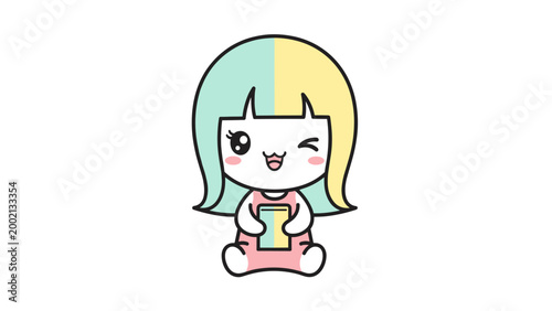 Kawaii anime girl character vector, cute chibi mascot with pastel hair holding smartphone, winking cartoon girl illustration for social media