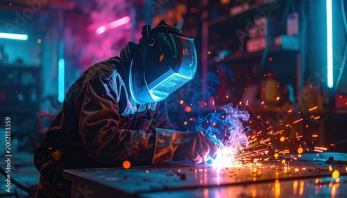 Skilled Welder in Protective Gear Performing Arc Welding in a Dimly Lit Workshop.