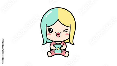 Kawaii anime girl character vector, cute chibi girl with pastel hair holding a smartphone, happy winking cartoon mascot for mobile apps and social media