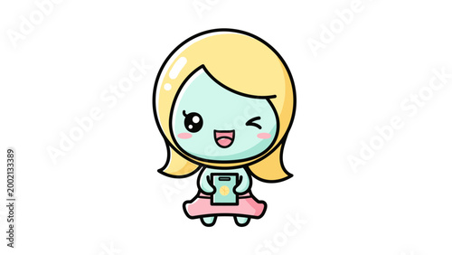 Kawaii chibi girl character vector, cute winking cartoon woman with blonde hair, happy female mascot holding smartphone for social media and app design