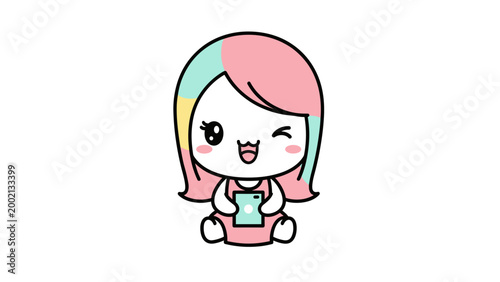 Kawaii chibi girl vector illustration, cute anime character with pastel rainbow hair, happy winking girl holding a mobile phone or tablet