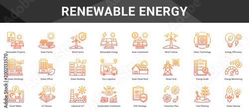 RENEWABLE ENERGY  Icon set collection. Vector icon pack featuring thematic icons for your presentations or business.