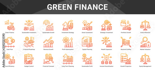 GREEN FINANCE  Icon set collection. Vector icon pack featuring thematic icons for your presentations or business.