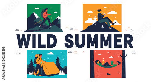 Wild summer, outdoor adventure icons, camping graphics, hiking illustrations, colorful t-shirt designs