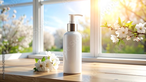 White Pump Bottle with Spring Blossoms on Wooden Sill by Sunny Window