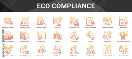 ECO COMPLIANCE  Icon set collection. Vector icon pack featuring thematic icons for your presentations or business.