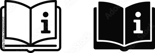 Instruction manual book icon set with information symbol featuring open textbook pages in line and silhouette glyph styles