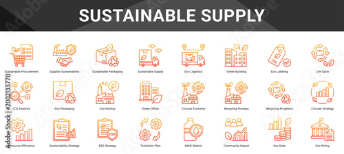 SUSTAINABLE SUPPLY  Icon set collection. Vector icon pack featuring thematic icons for your presentations or business.