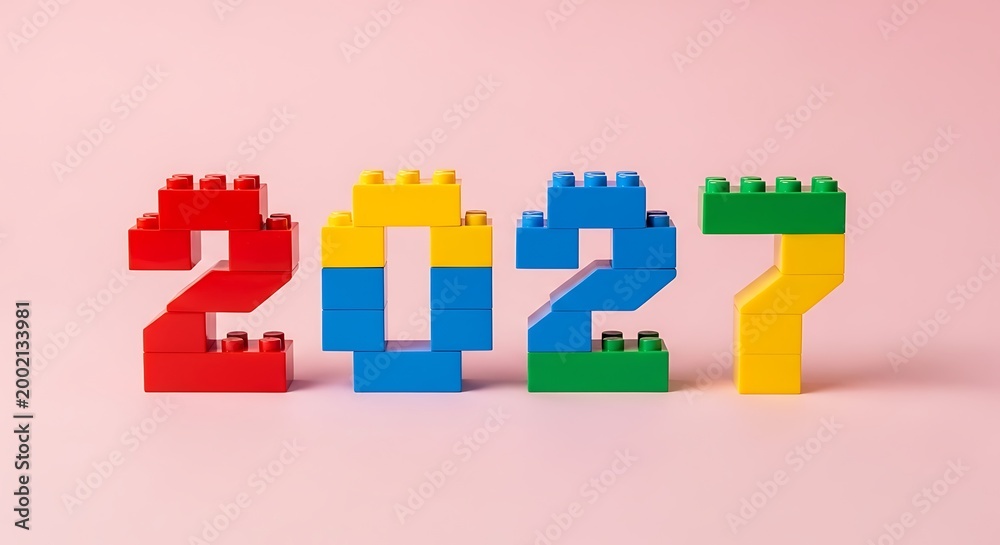 Obraz premium 2027 numbers built with toy blocks in assorted colors against a soft pink backdrop building blocks toy bricks construction toy new year celebration countdown colorful