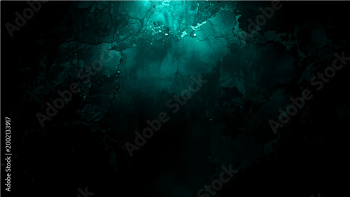 Vector Mysterious depths, cavern, submerged realm, with ethereal turquoise glow accentuating intricate rock formations, generating dramatic, immersive scene.