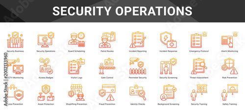 SECURITY OPERATIONS  Icon set collection. Vector icon pack featuring thematic icons for your presentations or business.
