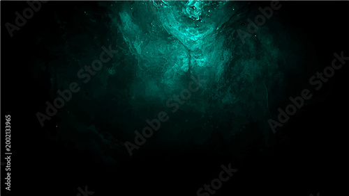 Vector Mysterious abstract design in shades of turquoise, evocative depth and ethereal atmosphere with wisps of luminescence dancing contrast solid black backdrop.