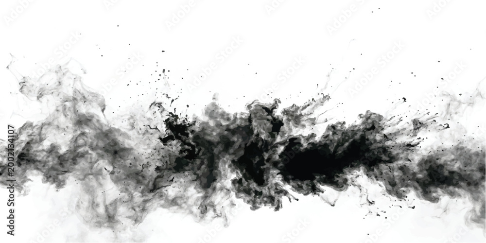 Fototapeta premium Black ink cloud spreading horizontally in water with swirling smoke patterns and tiny droplets against a solid white background