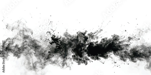 Black ink cloud spreading horizontally in water with swirling smoke patterns and tiny droplets against a solid white background