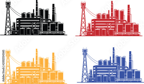 Industrial factory refinery vector set, colorful petrochemical plant silhouettes, oil and gas industry infrastructure, energy production facilities, 