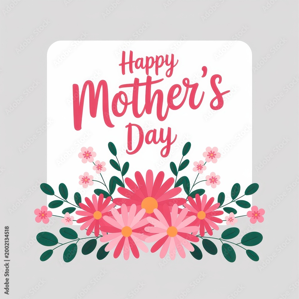 Fototapeta premium Happy Mother's Day greeting card design with pink floral bouquet and leaves illustration
