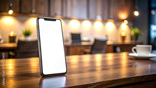 Modern Smartphone Mockup with Blank Screen on a Wooden Table in a Cozy Office Environment