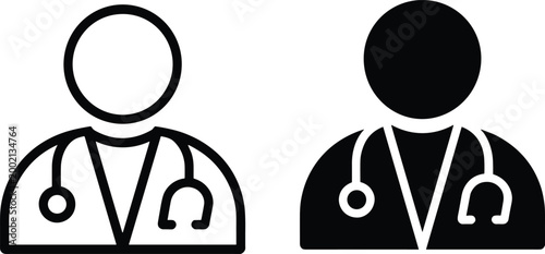 Doctor avatar icon set featuring medical practitioner with stethoscope in thin line and solid black silhouette glyph styles