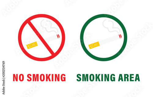 Smoking sign icon set. No smoking and smoking allowed signs with cigarette symbols. Tobacco product illustration for health, addiction and smoking concept.