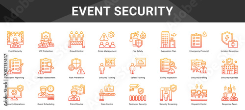 EVENT SECURITY  Icon set collection. Vector icon pack featuring thematic icons for your presentations or business.