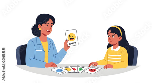 Female therapist using face expression emotion cards in session with young girl, Neurodiversity and Inclusive Mental Health vector,  The therapist holds up a card showing a 'HAPPY' emoji face. 