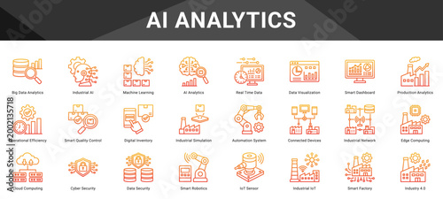AI ANALYTICS  Icon set collection. Vector icon pack featuring thematic icons for your presentations or business.