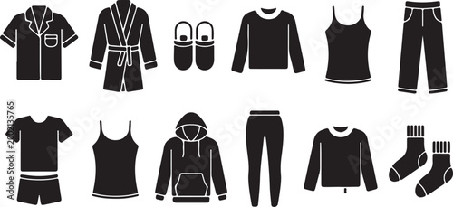 Collection of black silhouette icons of sleepwear and loungewear