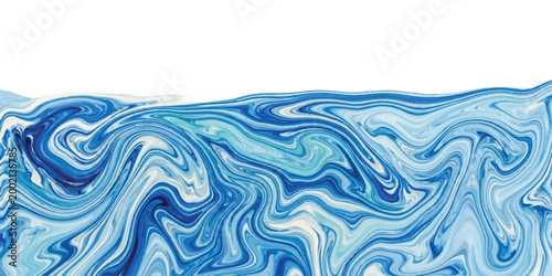 Abstract liquid marble texture with swirling blue and white paint patterns forming fluid waves against a plain white background