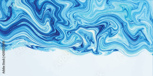 Abstract liquid marble texture with swirling patterns of deep blue light blue and white paint flowing across a plain white background creating a fluid wave effect with organic shapes and curves