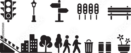 City street elements and urban icons traffic light