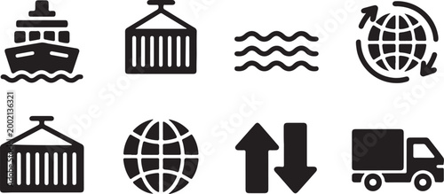 Shipping and Logistics Icons Set Black Silhouettes