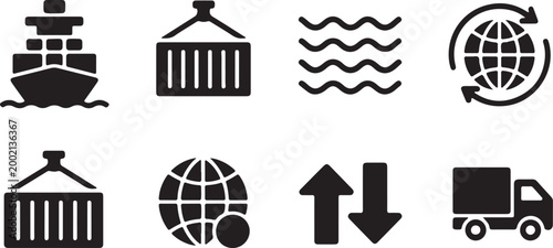 Shipping and Logistics Icons Set Black Silhouettes