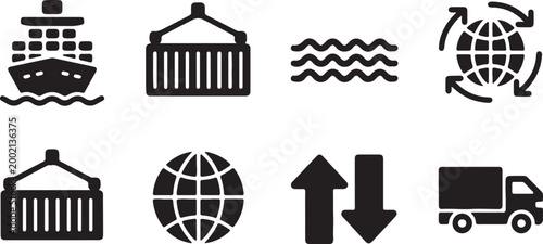 Shipping and Logistics Icons Set Black Silhouettes